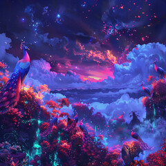 Mystical landscape of huge peacocks, neon light, dark fantasy, background