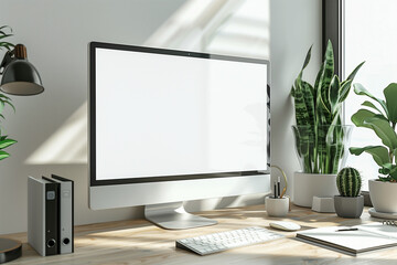 empty blank mockup screen over white room Work place, home office interior workspace concept with a blank white screen on desk