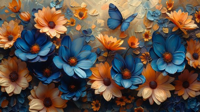 Blue and orange flowers of different sizes with a butterfly on a beige background.