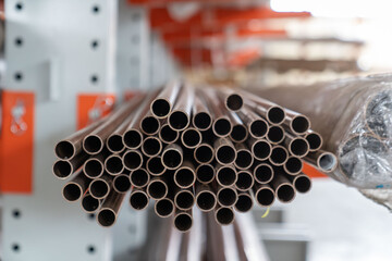 Bundle of copper pipes, storage in warehouse
