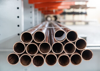 Bundle of copper pipes, storage in warehouse