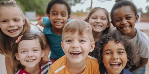 Obraz premium Diverse group of kids standing next to each other, looking cheerful.