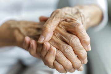 An elderly womans hands are intertwined, showing signs of aging and fragility.