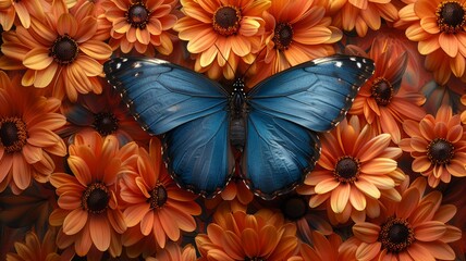 Blue Morpho Butterfly on a bed of orange flowers.butterfly on a flower
