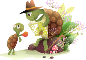 Grandpa Tortoise reading book to a turtle granddaughter in forest. Tortoise animals study and teach in forest landscape. Kids illustration for story or fairytale. Vector cartoon drawing for children.
