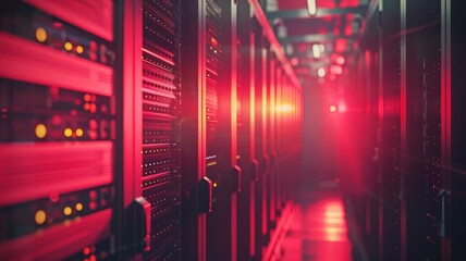 Obraz premium Conceptual image of a futuristic data center with red lighting and a long corridor of servers.