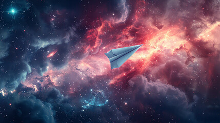 A paper plane flying through a cosmic nebula and star-filled galaxy