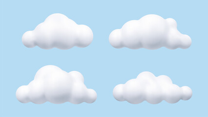 3D white cloud set, in the blue sky. Cartoon cute clouds in bubble shape. Plasticine 3d weather icons, render style. Trendy fluffy clouds. Vector illustration.