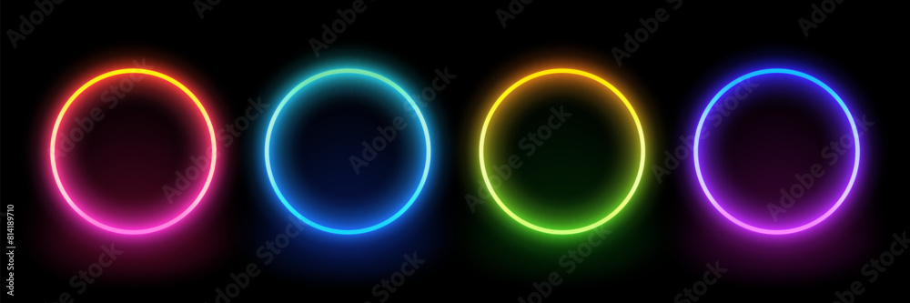Poster neon circle frame. illuminate frame design. set of round neon border. futuristic graphic element for