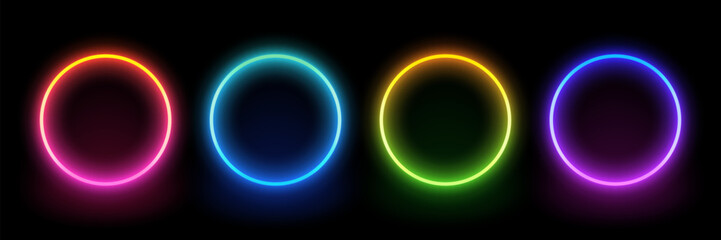 Neon circle frame. Illuminate frame design. Set of round neon border. Futuristic graphic element for social media stories. Glowing neon lighting on dark background. Blue, pink, purple, violet. Vector