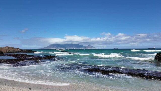 Bloubergstrand west coast South Africa.  19. 04. 2024. View of Cape Town and Table Mountain from the seaside resort of Bloubergstand   across Table Bay on the West Coast of South Africa.