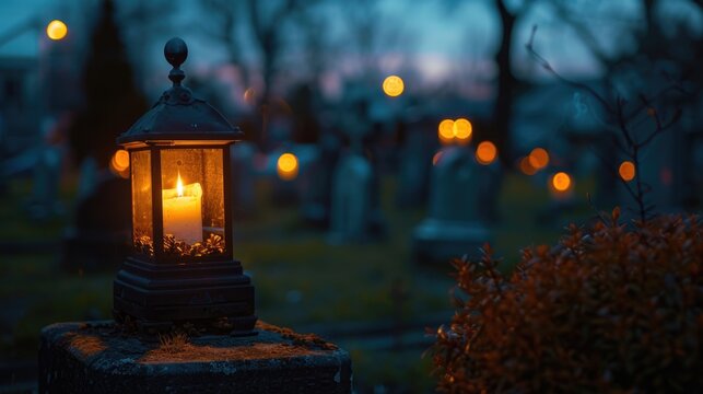 Candle in lampion on graveyard in cemetery at night
