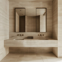 Minimalistic contemporary modern bathroom with two sinks and mirrors