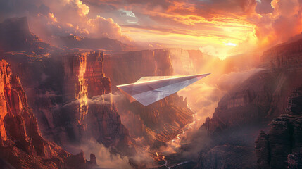 A paper plane soaring through a canyon at sunrise, casting dramatic shadows on the rugged cliffs. - Powered by Adobe
