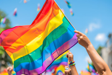 Hands are waving rainbow flags at the annual Pride Parade