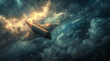 A paper plane dodging raindrops in a stormy sky, illuminated by flashes of lightning.