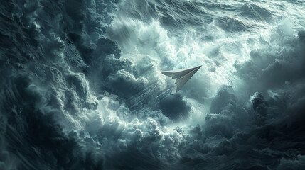 A lone paper airplane flying through a swirling storm, defying the wind and rain.