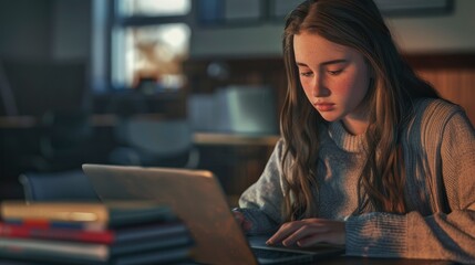A Beautiful Teen Girl Used Her Laptop At Junior High School, Balancing Academics With Technology Seamlessly,High Resolution