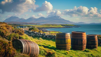 Casks and Barrels in a Whiskey distillery Islay in scotland