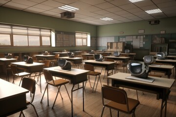 Sunlight filters into an empty classroom equipped with retro tvs on desks