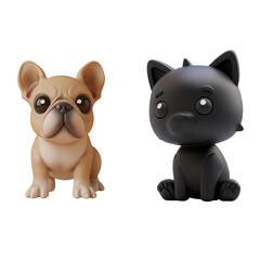 Naklejka premium Cute Dogs in 3D Cartoon Illustration Style: Set of French Bulldog and Black Dog, Isolated on Transparent Background, PNG