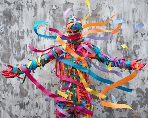 Silhouette of a playful man made of decorative ribbons and confetti. Party concept