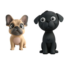 Naklejka premium 3D Cartoon Illustration Style of Cute Dogs: French Bulldog and Black Dog Set, Isolated on Transparent Background, PNG