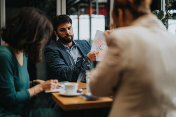 Two business partners concentrated on work discussion and analyzing documents over a coffee in a cafe.