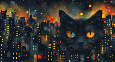 A black cat with glowing eyes in a cityscape, AI