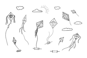 Beautiful set of kite and clouds in doodle style. Items and symbols of the Lori festival. Indian festival. Hand drawn