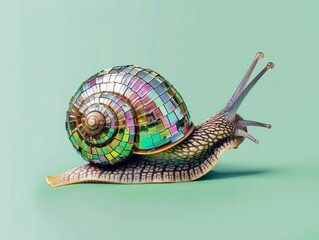 A snail with a disco ball on its back against pastel green background