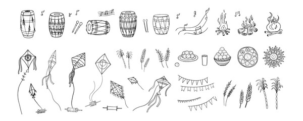 Large set of Lohri festival objects and symbols. Indian festival. Kite, rye, spikelet, drums, bonfire, fire, wheat, harvest, sugarcane, sheaves of roasted corn, gurh and gachak. Hand drawn