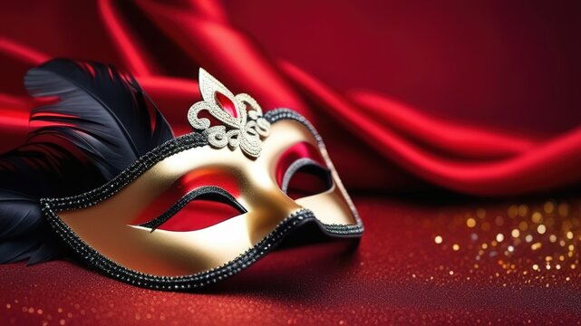 Red, black and golden colors carnival venetian masque feathers masquerade costume celebration, glitter