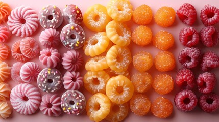 A bunch of different kinds of fruit and donuts on a pink background, AI - Powered by Adobe