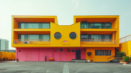 A yellow building with a cat face on the front of it, AI