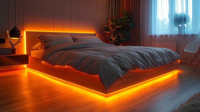 underbed lighting, led strip lights under the bed frame create a cozy ambiance in the bedroom, making it the perfect place to relax at home