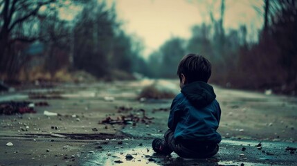 A child sitting on a deserted street looking away with a sad expression - Powered by Adobe