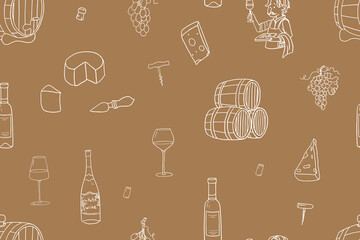 Seamless pattern of wine bottles, oak barrels, wicker wine bottles and wine glasses of various sizes and shapes. Winemaker. Winery. Grape, cheese. Great for bar menu, banner, celebration. Hand drawn