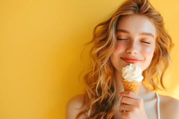 A woman enjoys the icecream on the warm summer yellow background