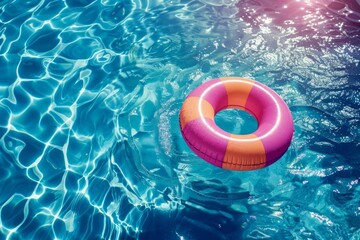 Sunny summer composition in bright pastel colors. Colorful swimming rings in the pool with a clear blue sky in the background