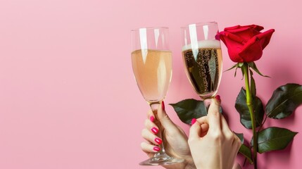 Clinking glasses of champagne in hands with red rose  on side