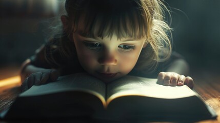 Close up of attractive child reading a book while looking at camera. Elementary student holding fairy tale novel book or bedtime stories with blurring background. Creative activity concept. AIG42. © InfiniteFlow