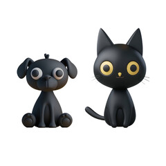 Cute Pets in 3D Cartoon Illustration Style: Set of Black Cat and Black Dog, Isolated on Transparent Background, PNG