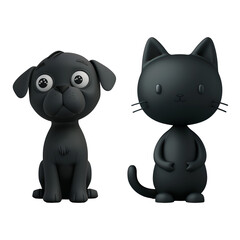 Naklejka premium 3D Cartoon Illustration Style: Set of Cute Pets - Black Cat and Black Dog, Isolated on Transparent Background, PNG
