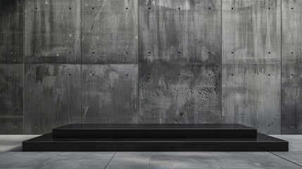 Minimal concrete wall backdrop with a stark black podium, emphasizing simplicity and urban style