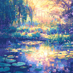 Experience the tranquil beauty of Monet's iconic pond, now filled with blooming water lilies and surrounded by lush foliage. This serene landscape captures the essence of the French Impressionist's