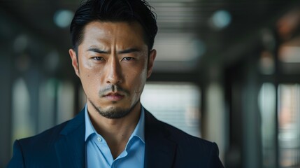 真剣な顔で見つめる日本人ビジネスマン