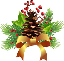 Christmas and New Year decor, fir branches with cones, berries and tinsel. illustration on transparent, png
