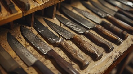Close up of knives on bench in shoe makers workshop