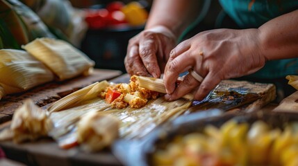 Close up of hands preparing hallaca or tamale